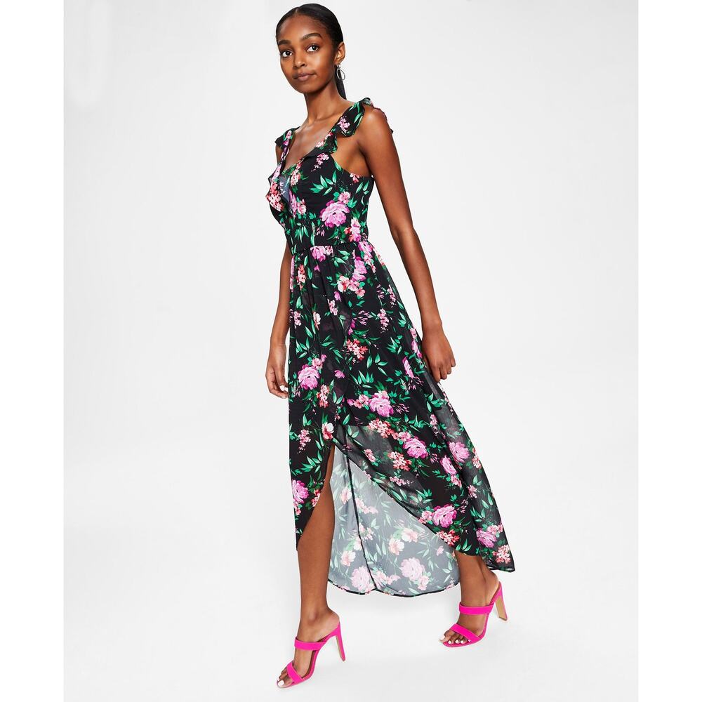 GUESS Ruffled High-Low Sleeveless Maxi Dress Black Pink Floral Size 10 - Picture 3 of 14